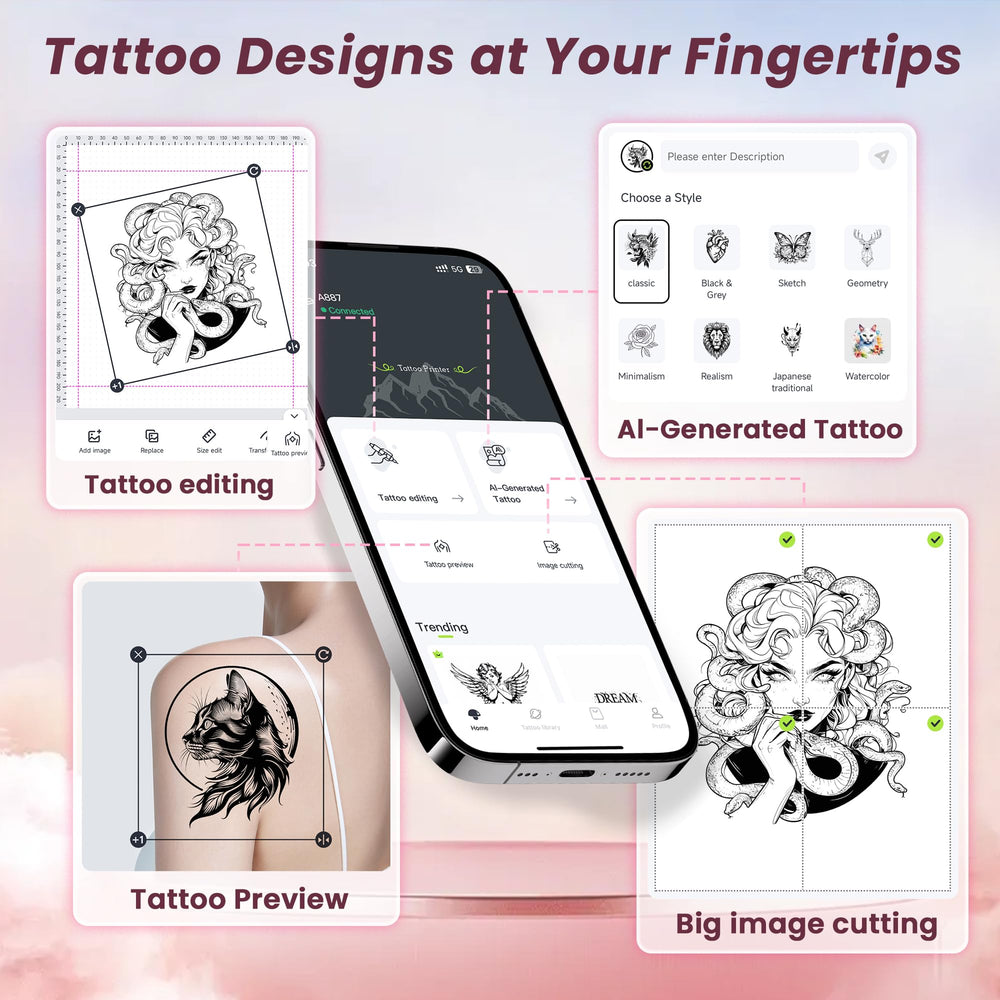 TATTMUSE high-definition print head delivers sharp stencil outlines.