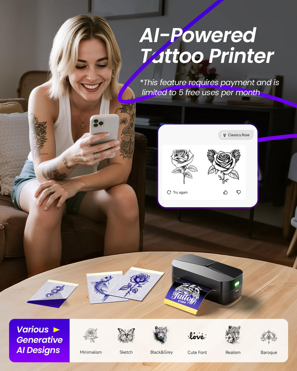 TATTMUSE TP32 AI design generation screen offers inspiration for diverse styles