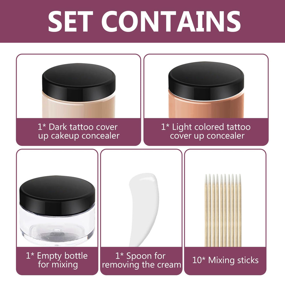 Tattoo Cover Up Cream skin-tone mix illustrates customizable coverage options.