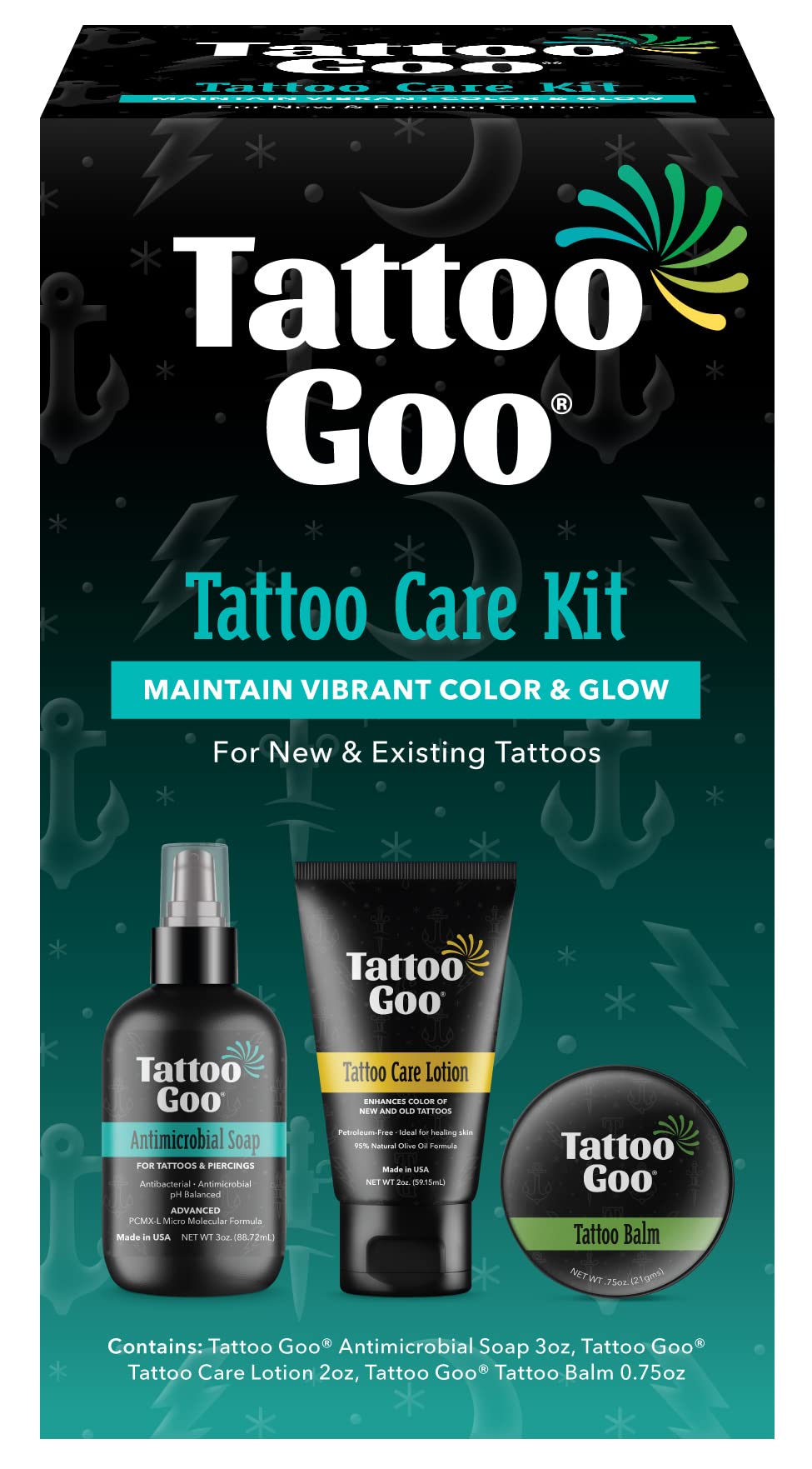 Tattoo Goo antimicrobial soap bottle shows gentle cleansing for new ink