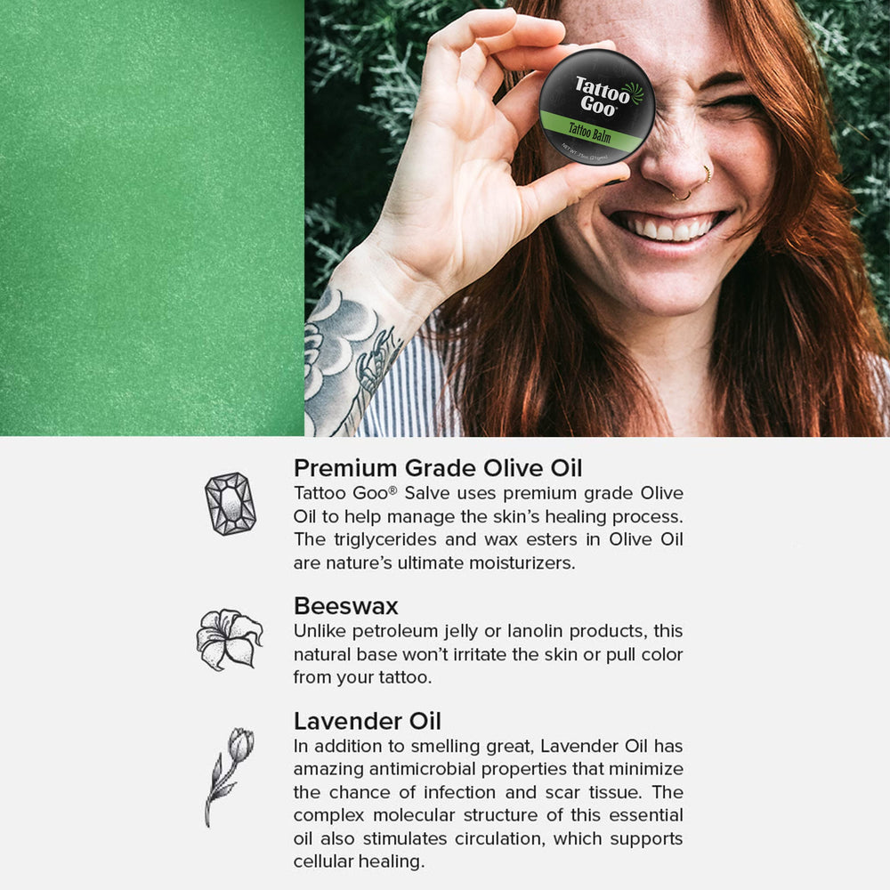 Tattoo Goo balm application on skin illustrates soothing oils for comfortable healing