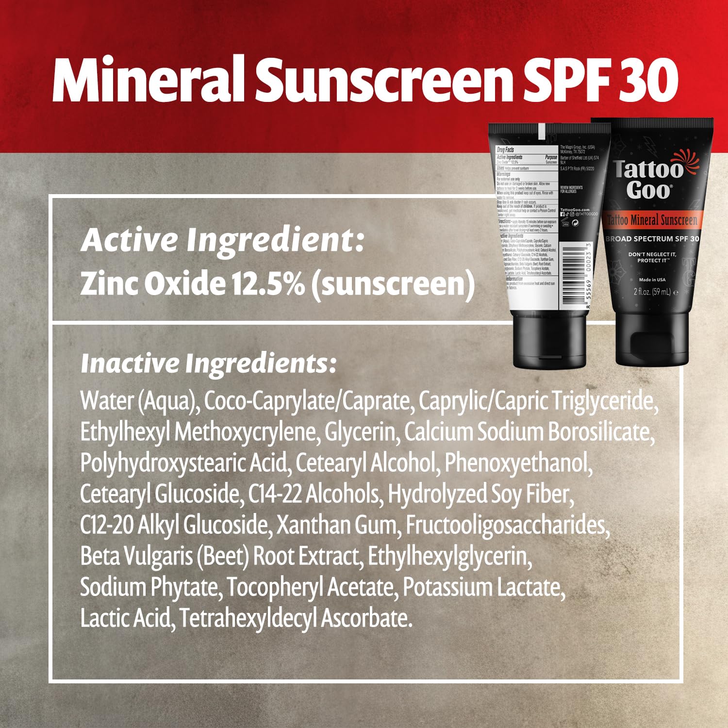Tattoo Goo logo and SPF 30 badge on packaging.