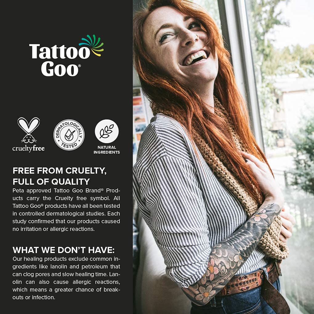 Tattoo Goo lotion being applied illustrates hydration and itch relief for healing ink