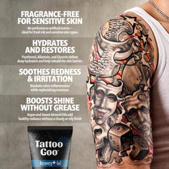 Tattoo Goo Recovery Gel tube close-up showing a lightweight, non-greasy formula