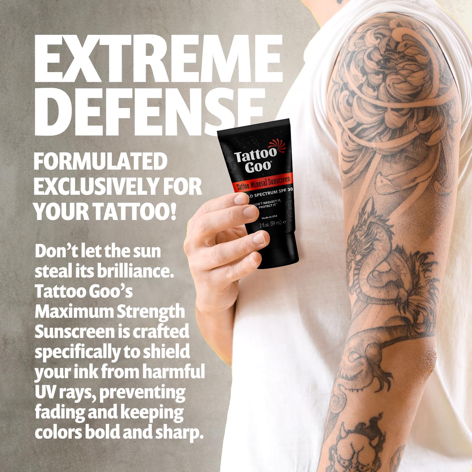 Tattoo Goo sunscreen application on forearm with tattoo detail under sun.