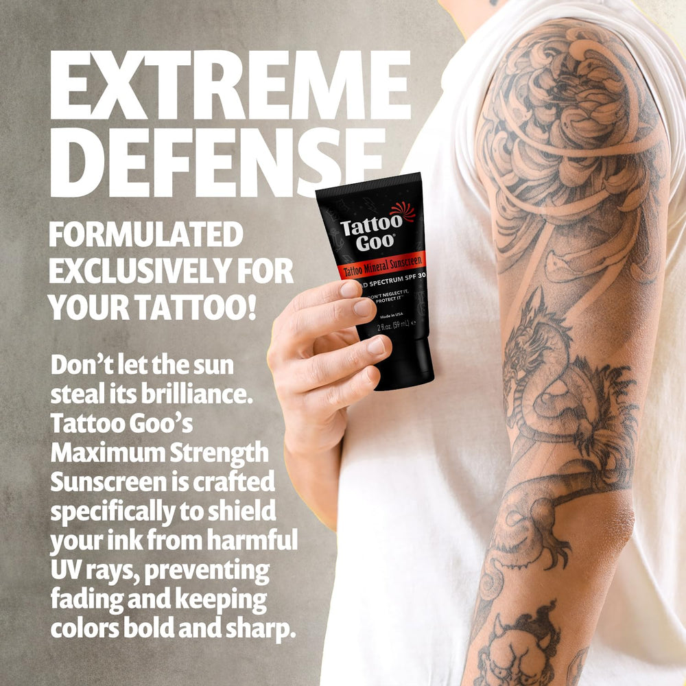 Tattoo Goo sunscreen application on forearm with tattoo detail under sun.