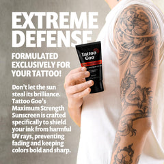 Tattoo Goo sunscreen application on forearm with tattoo detail under sun.