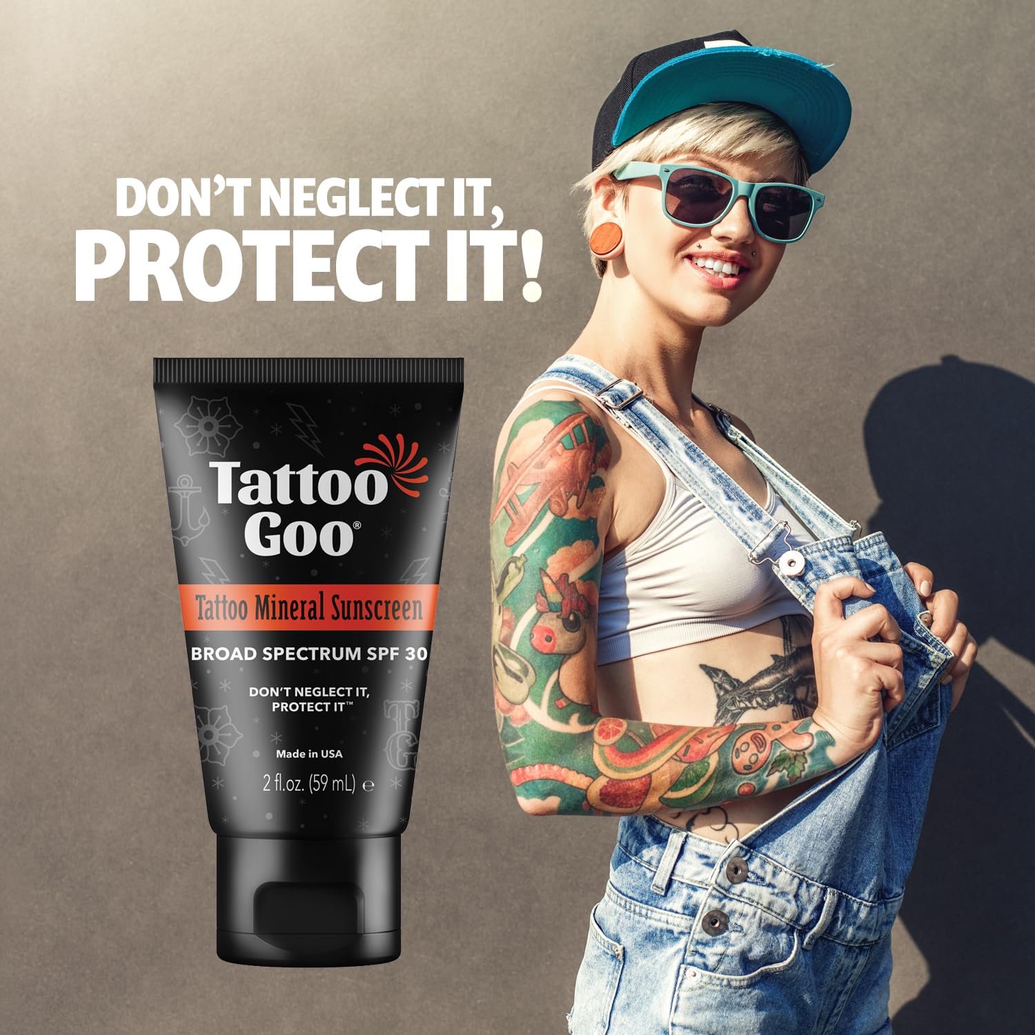 Tattoo Goo sunscreen tube close-up showing clear, non-greasy finish.