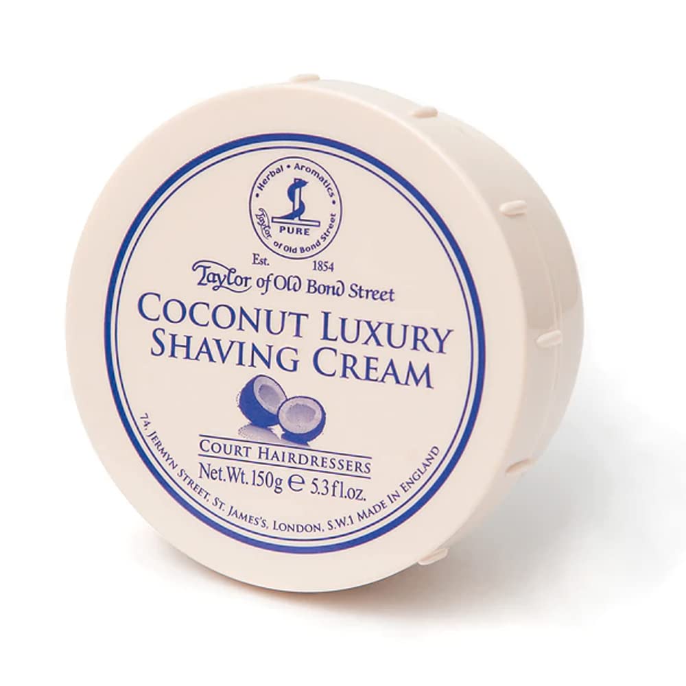 Taylor of Old Bond Street coconut shaving cream bowl showcases rich lather for smooth shaves.