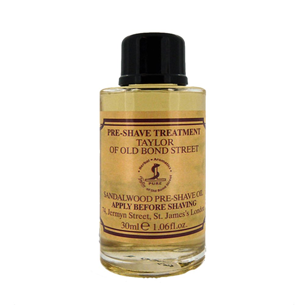 Taylor of Old Bond Street Sandalwood Pre Shave Oil application demonstrates gentle beard-softening routine