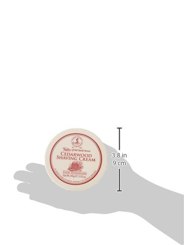 Taylor of Old Bond Street Cedarwood shaving cream packaging close-up highlighting rich moisture.