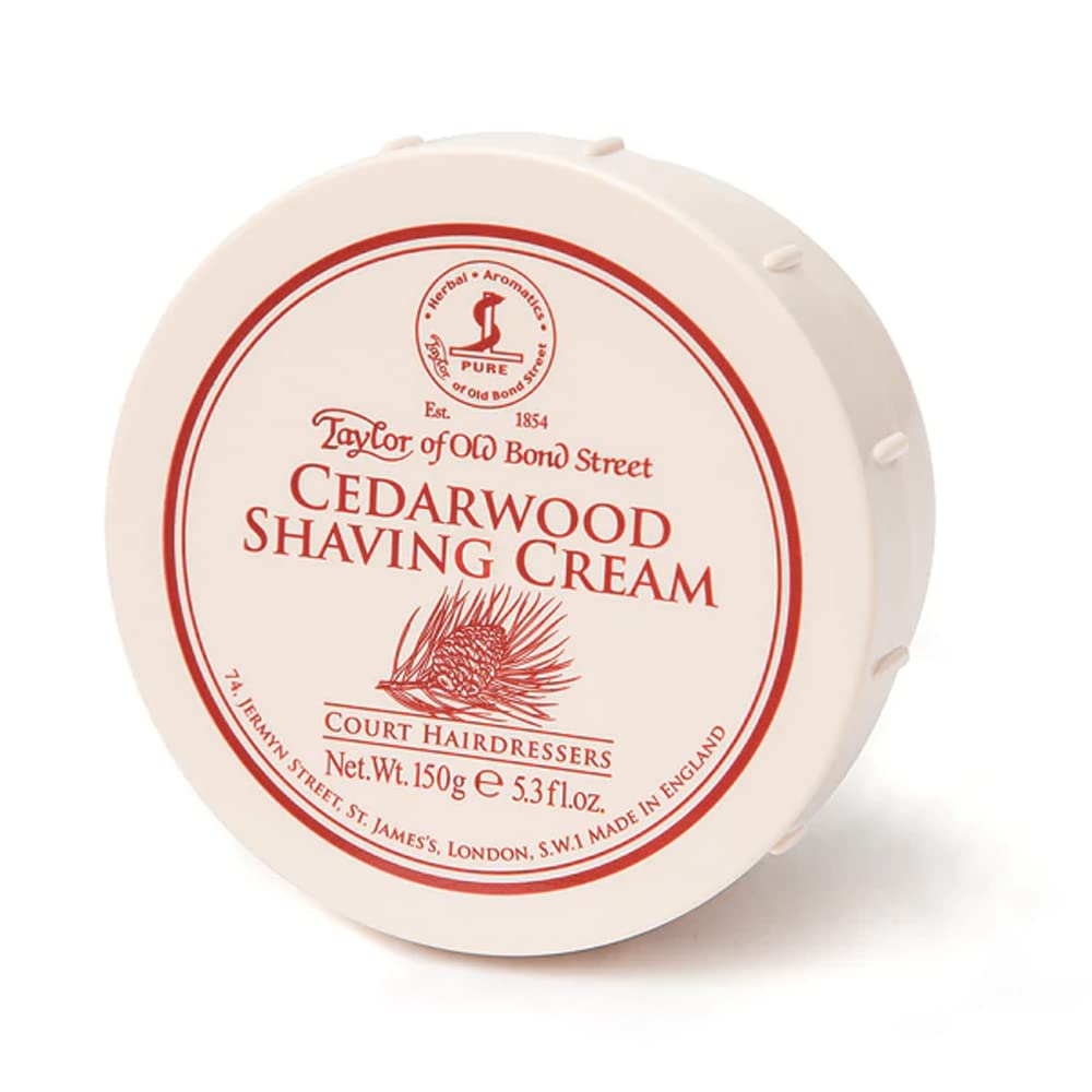 Taylor of Old Bond Street Cedarwood shaving cream tin ready for a rich, smooth shave.