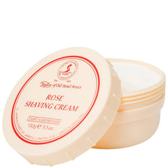 Taylor of Old Bond Street Rose jar open showing rich lather for brush or bowl.