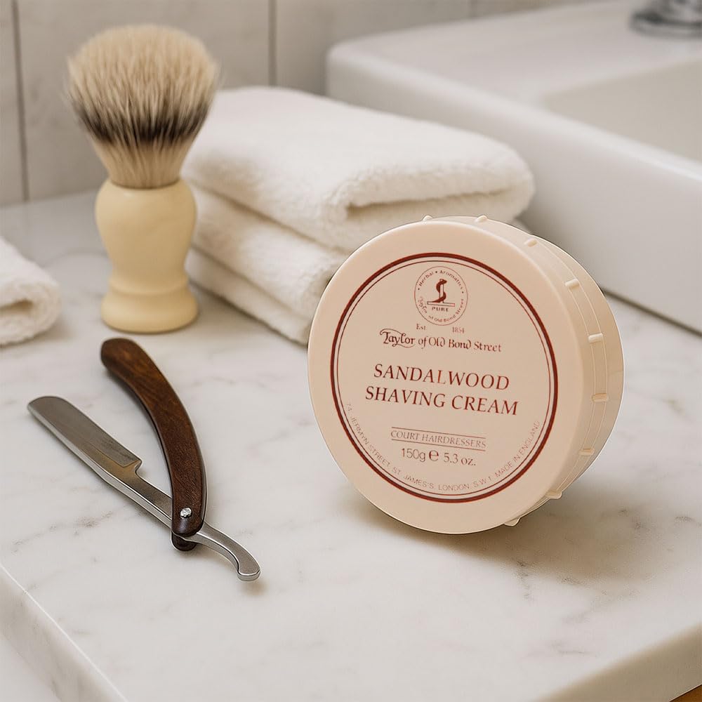 Taylor of Old Bond Street sandalwood fragrance notes close-up, classic grooming ambiance