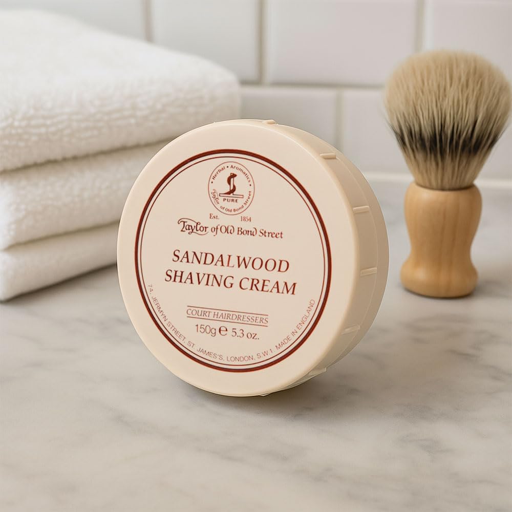 Taylor of Old Bond Street sandalwood shaving cream bowl open showing rich lather ready for brush