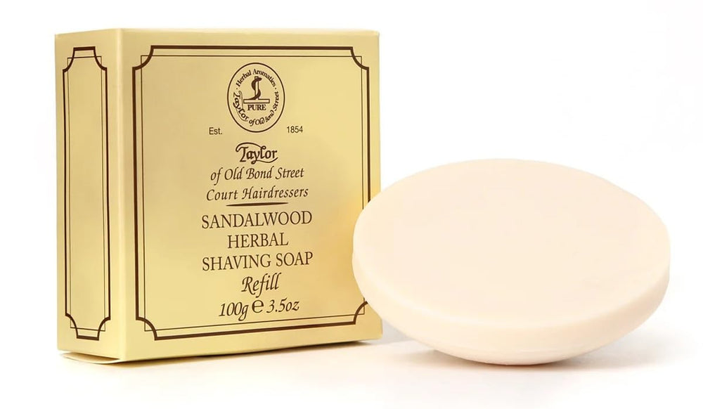 Taylor of Old Bond Street Sandalwood hard shaving soap refill puck delivers rich lather for classic shaving.