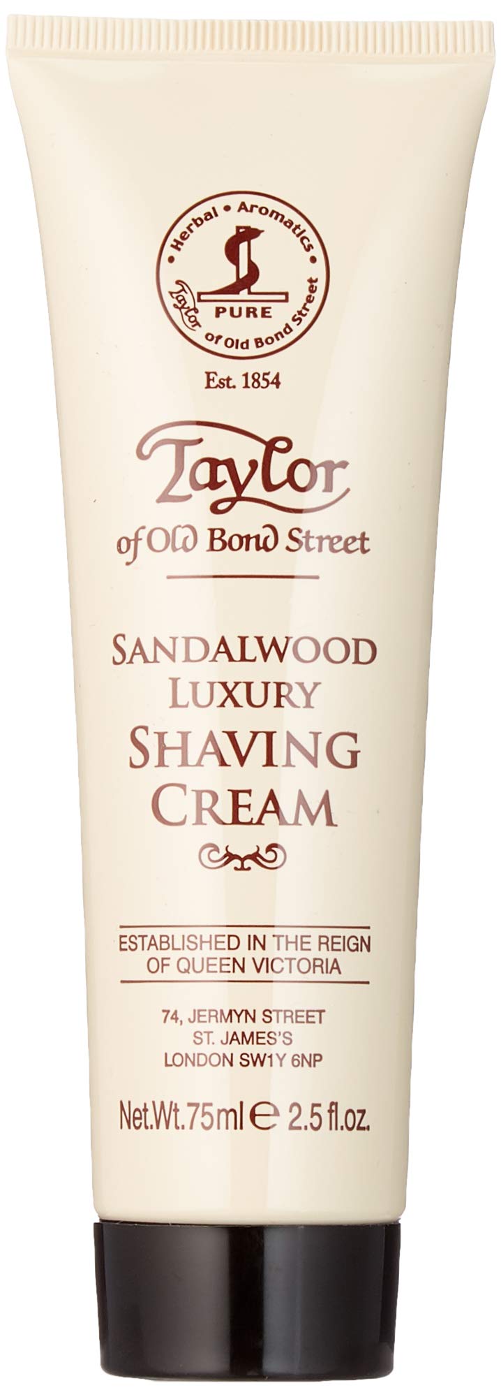 Taylor of Old Bond Street Sandalwood shaving cream tube ready for a rich, smooth shave.