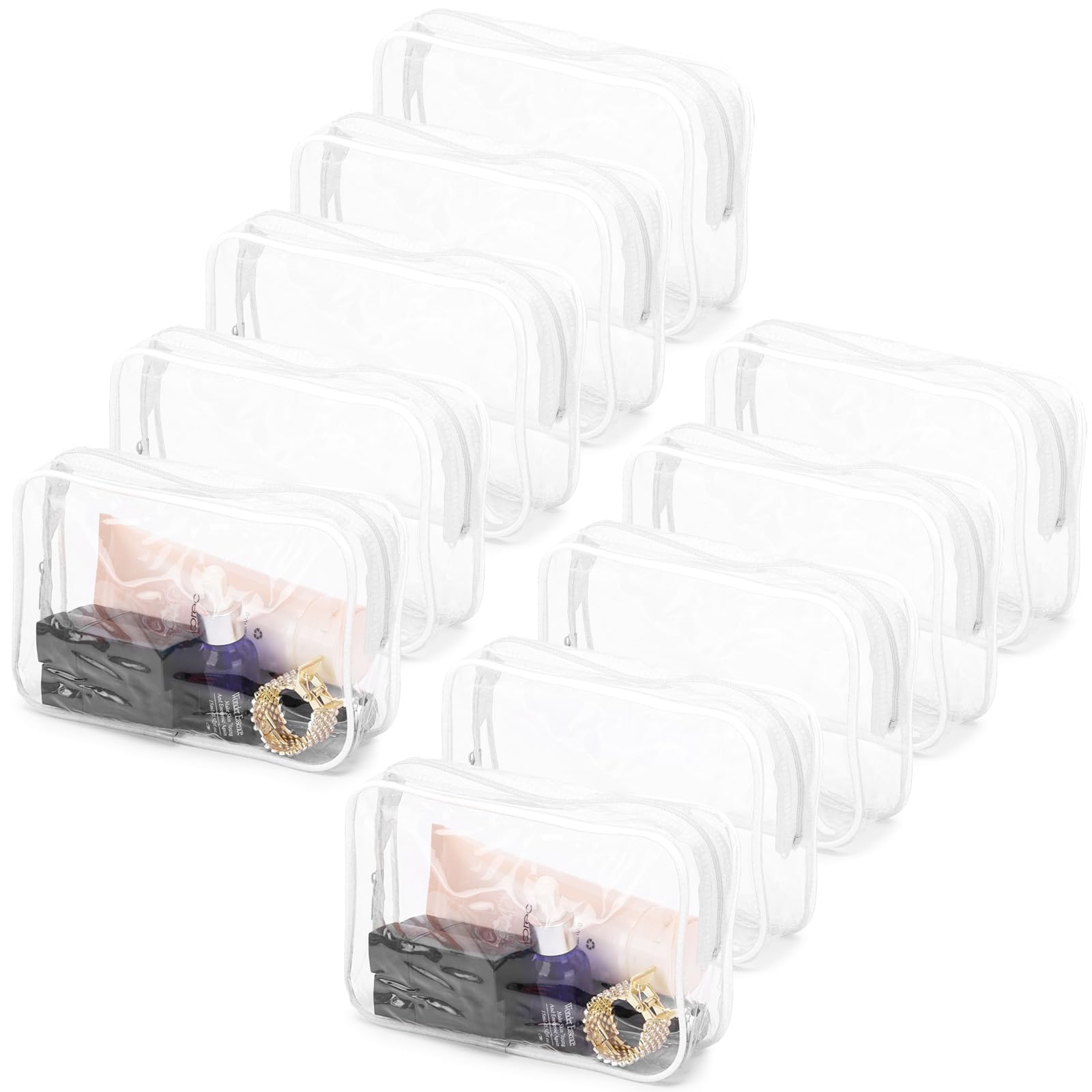 Tbestmax clear cosmetic bags 10-pack arranged for easy travel organization.