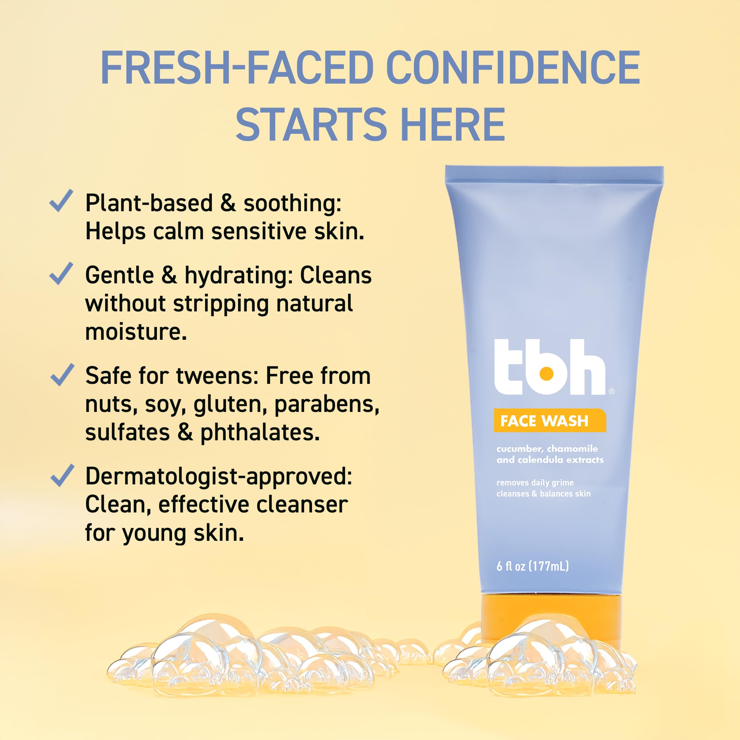 TBH Kids Gentle Gel Face Wash gel texture closeup suggests hydrating, non-stripping formula.