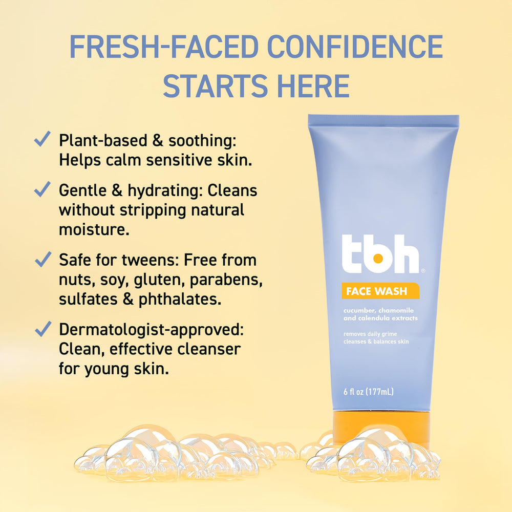 TBH Kids Gentle Gel Face Wash gel texture closeup suggests hydrating, non-stripping formula.