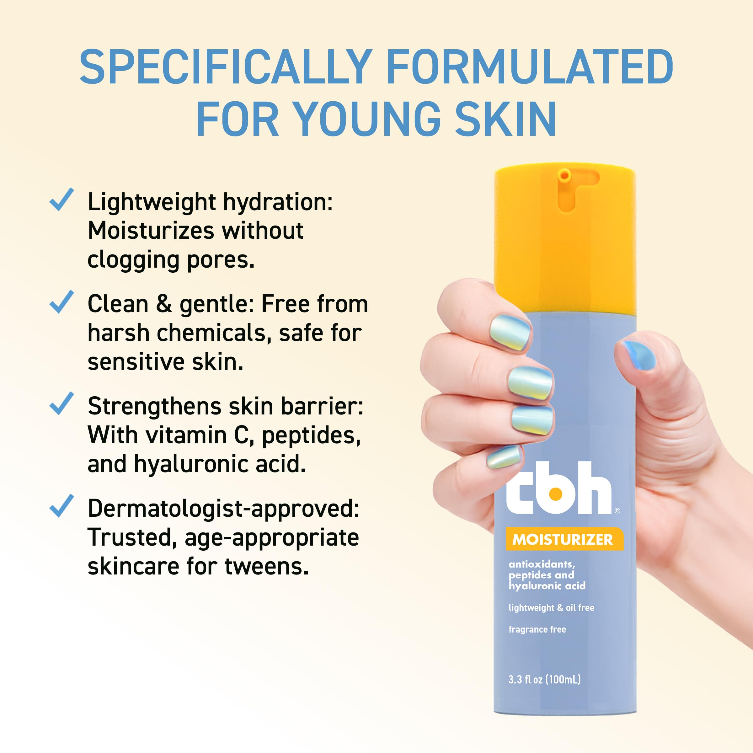 TBH Kids moisturizer jar showcases clean ingredients for sensitive tween skin.