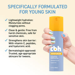 TBH Kids moisturizer jar showcases clean ingredients for sensitive tween skin.