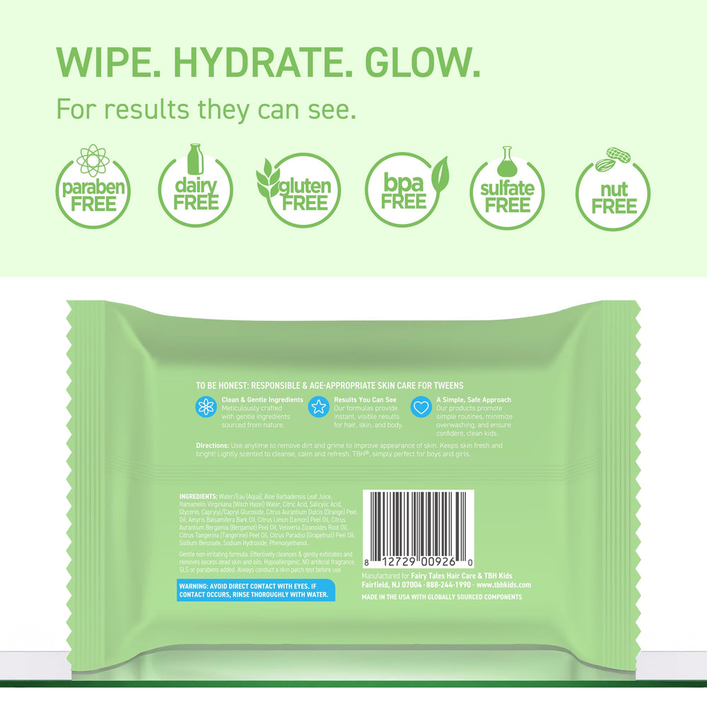 TBH Kids Spot Face Wipes back panel highlights ingredients and usage