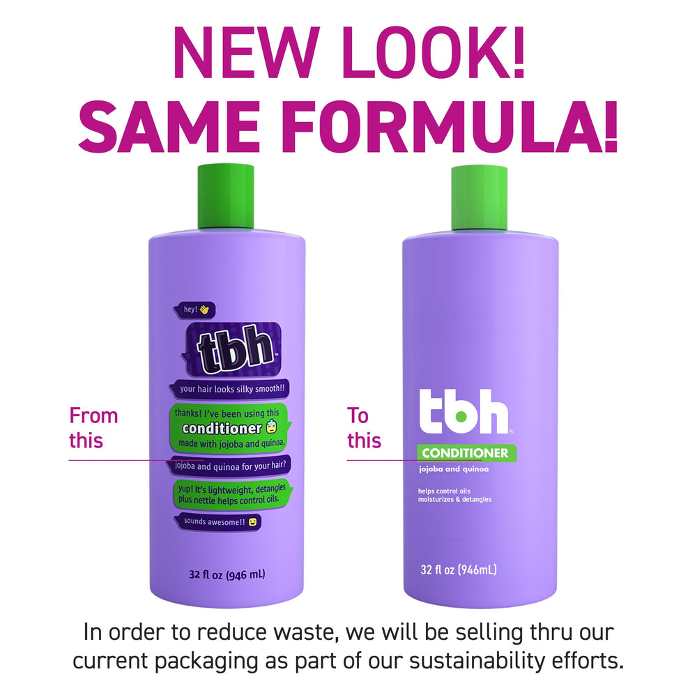TBH Kids & Teens conditioner bottle closeup showing lightweight hydration for all hair types