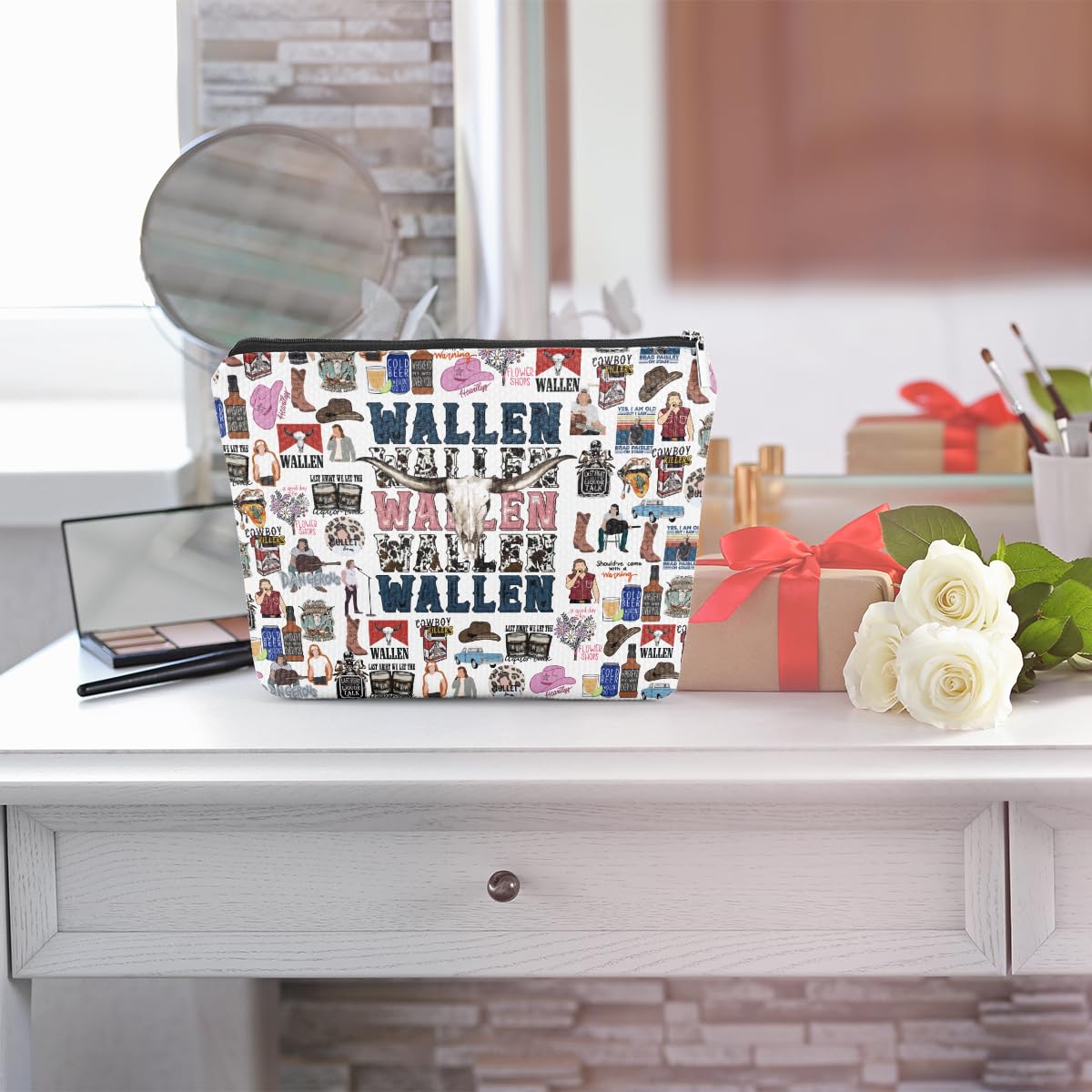 TBT cowgirl graphic makeup pouch closeup reveals high quality printing and durability.