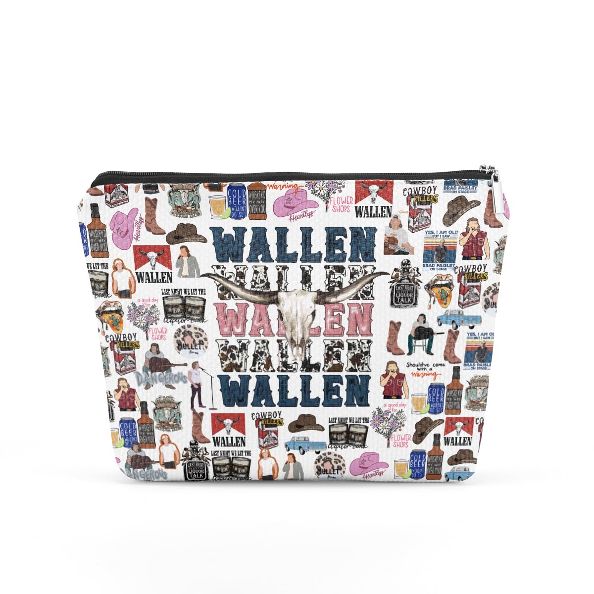 TBT makeup bag cowgirl skull front view shows durable canvas for travel.