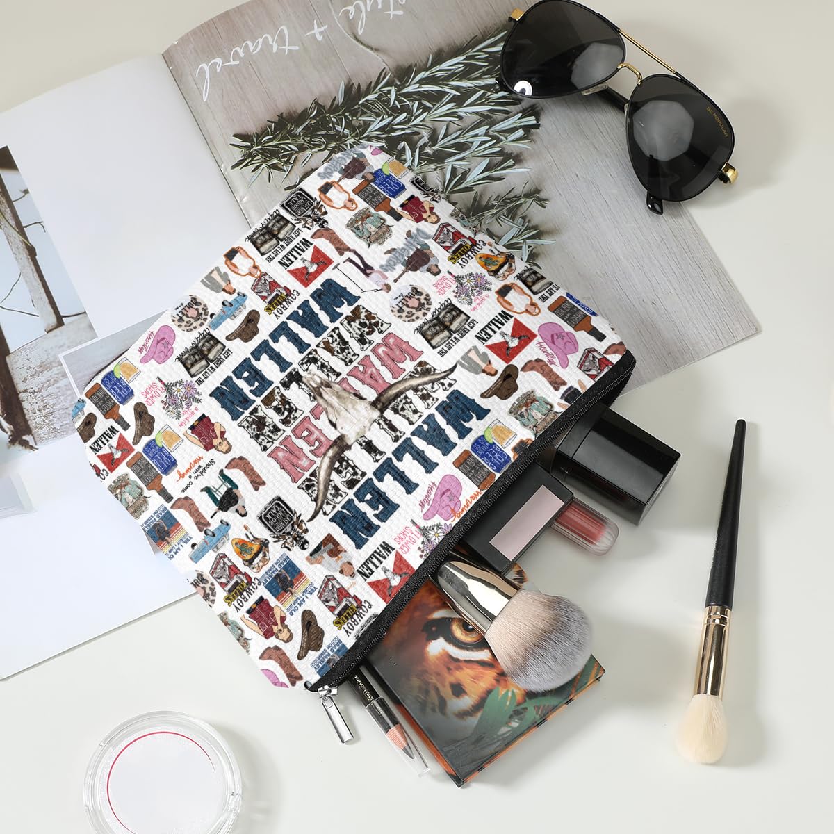 TBT makeup bag cowgirl skull side view highlights compact organization on trips.