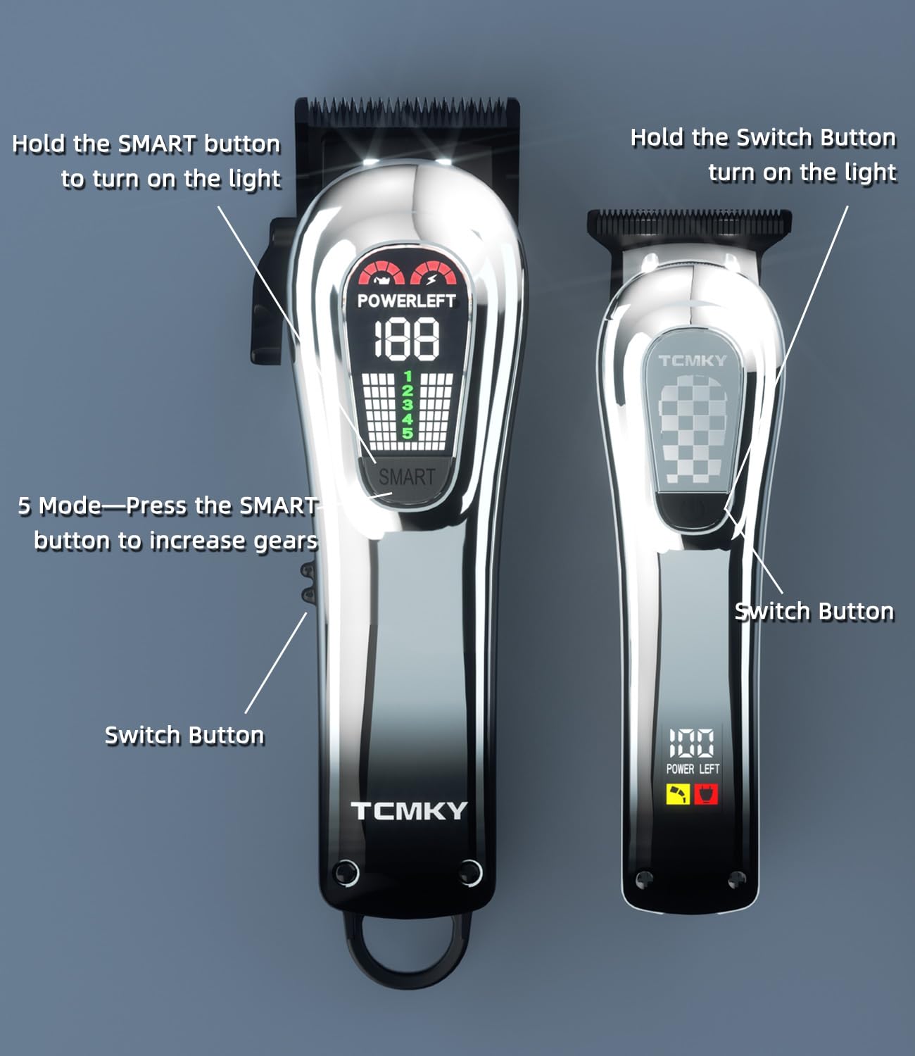 TCMKY LED display closeup shows power and blade care status