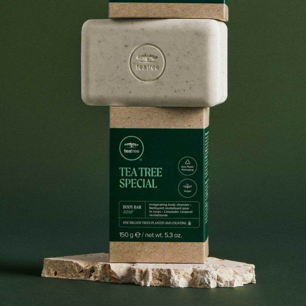 Tea Tree Body Bar Soap packaging display previews updated packaging.