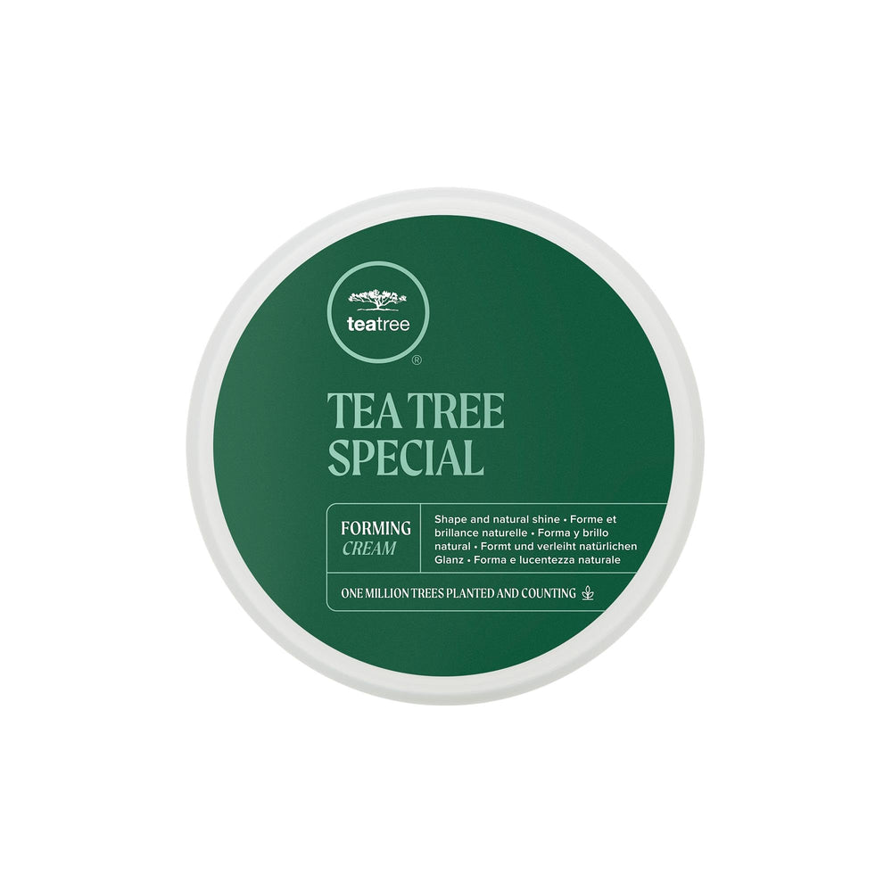 Tea Tree Forming Cream packaging highlights flexible hold for all hair types.