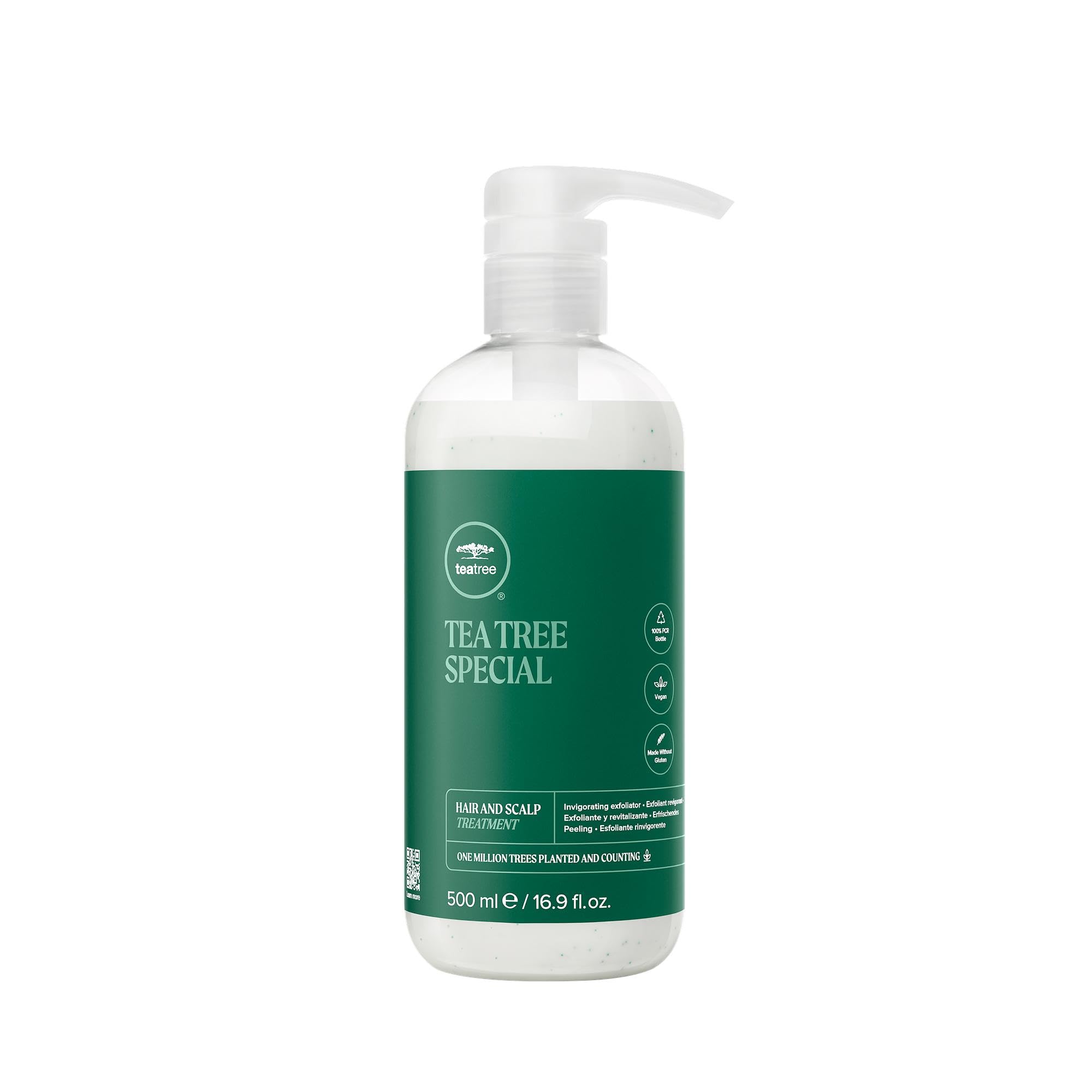 Tea Tree Hair & Scalp Treatment bottle showcases hydrating formula for all hair types, nourishes strands