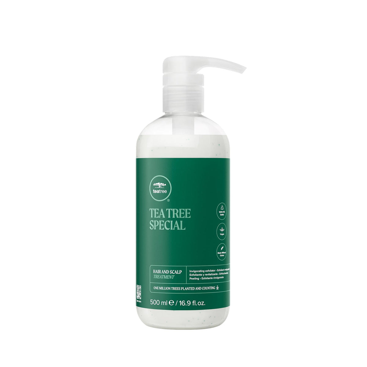 Tea Tree Hair & Scalp Treatment bottle showcases hydrating formula for all hair types, nourishes strands