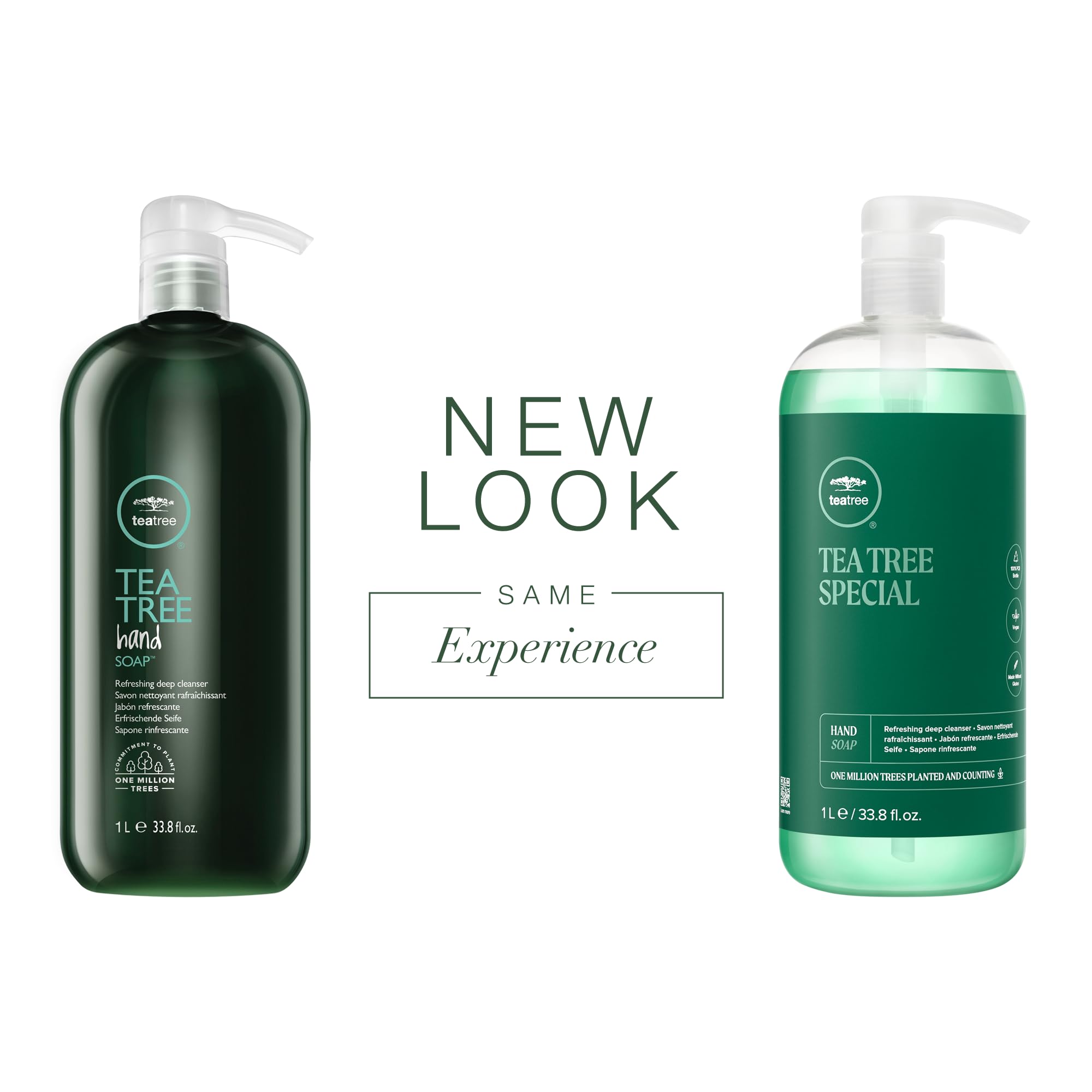 Tea Tree Hand Soap bottle closeup highlights the label and Tingle Complex blend.