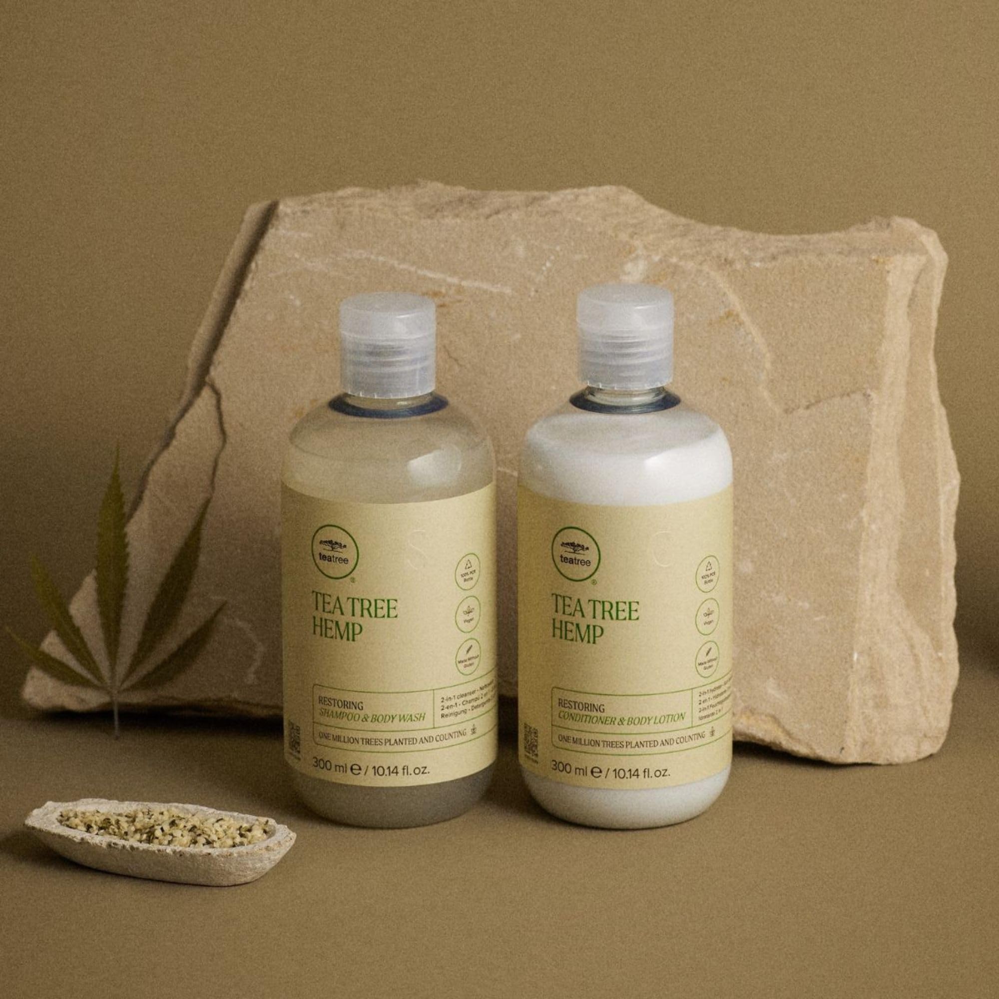 Tea Tree Hemp Restoring Shampoo 2in1-usage shows dual cleansing for skin and hair.