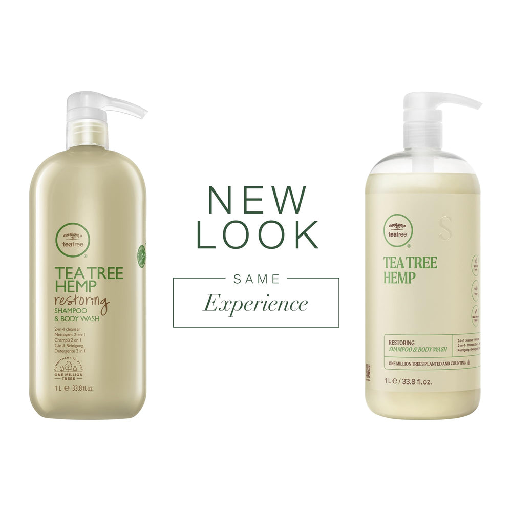 Tea Tree Hemp Restoring Shampoo bottle-back label highlights sulfate-free formula and barrier support.