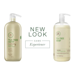 Tea Tree Hemp Restoring Shampoo bottle-back label highlights sulfate-free formula and barrier support.