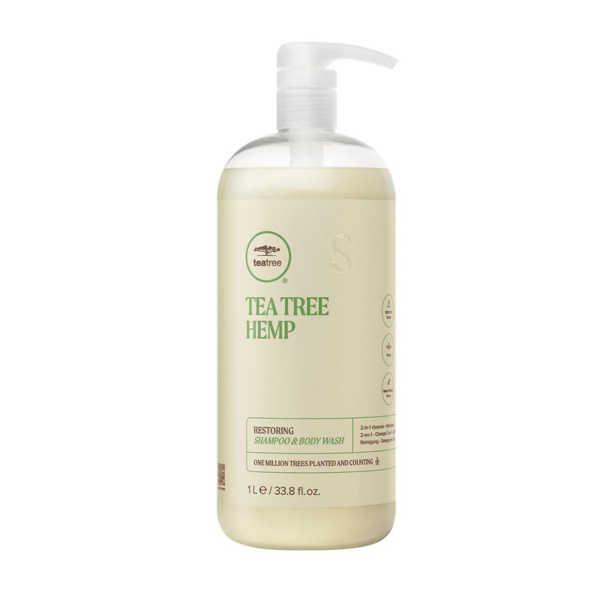 Tea Tree Hemp Restoring Shampoo bottle-front shows a hemp-infused cleanse for all hair types.