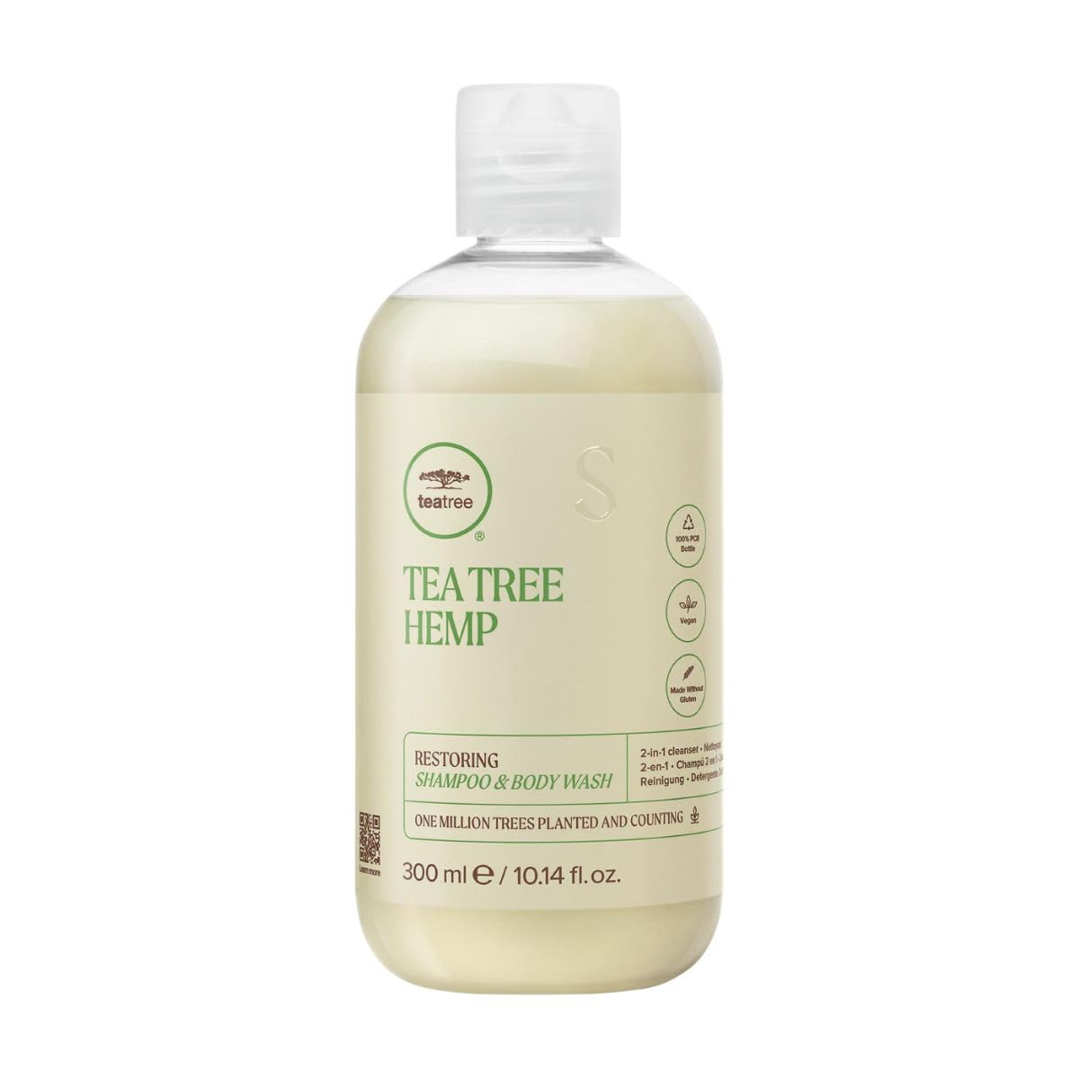 Tea Tree Hemp Restoring Shampoo bottle front, an all-in-one cleanser for hair and skin.