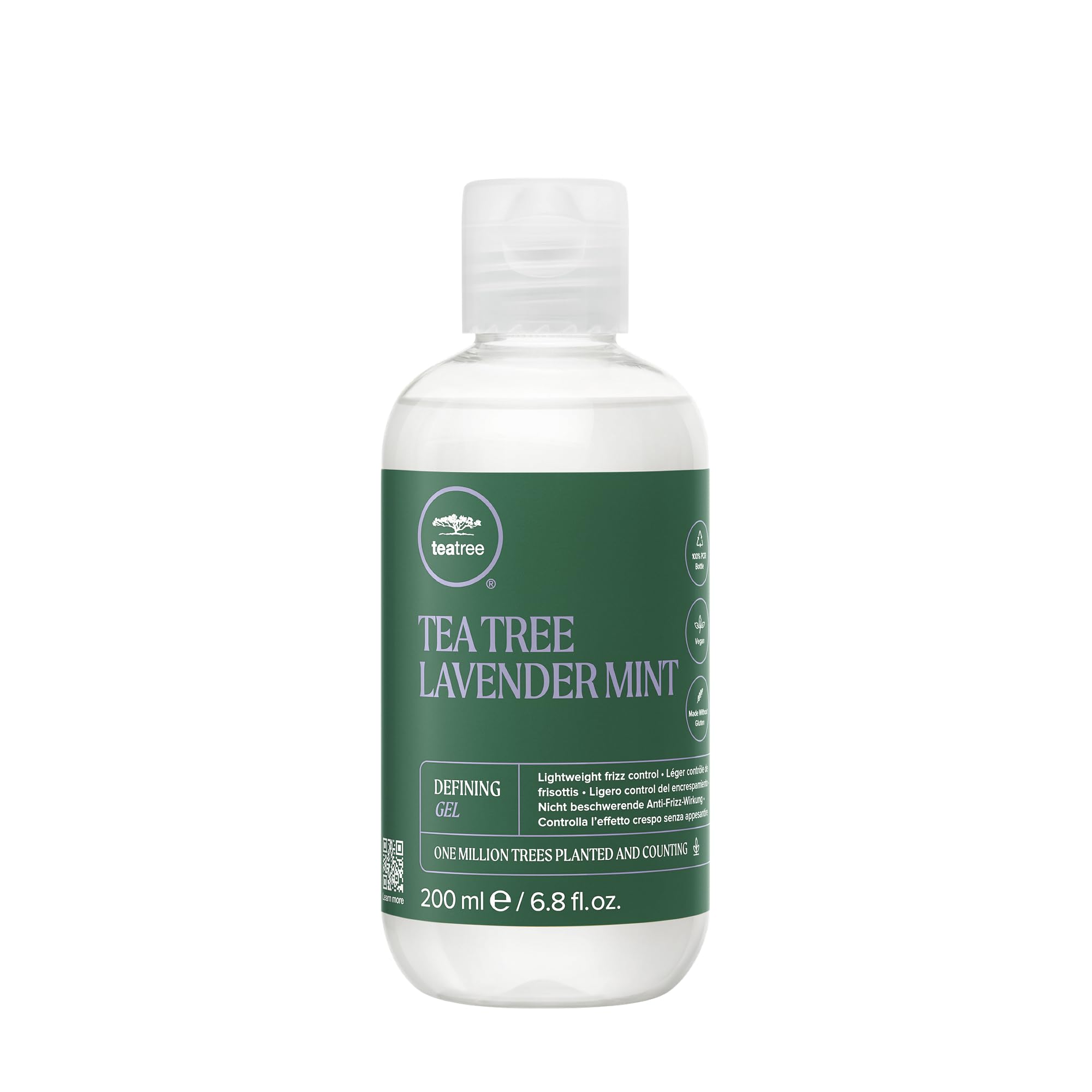 Tea Tree Lavender Mint Defining Gel bottle highlights lightweight curl definition and frizz control.