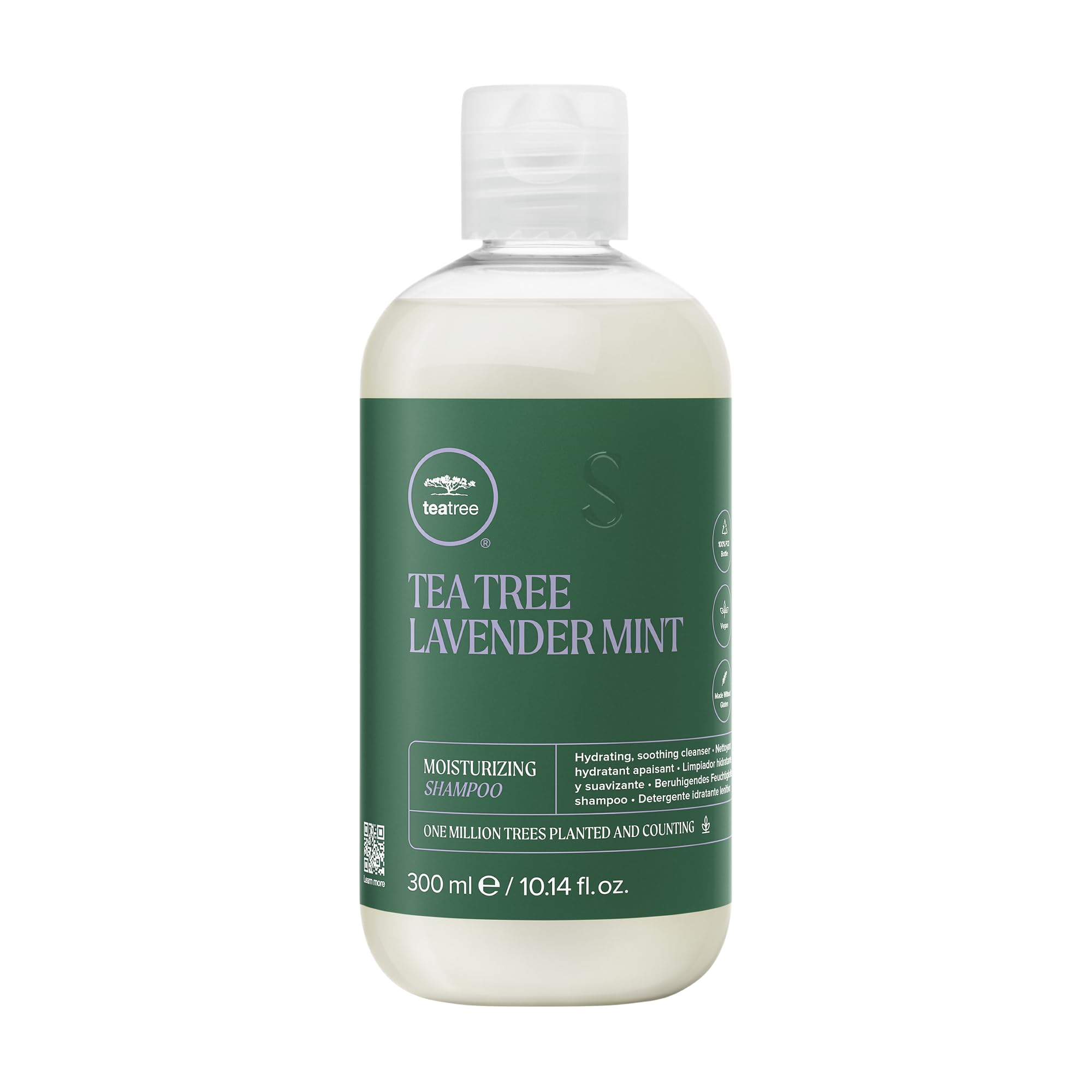 Tea Tree Lavender Mint Moisturizing Shampoo bottle shows hydrating formula for dry hair.