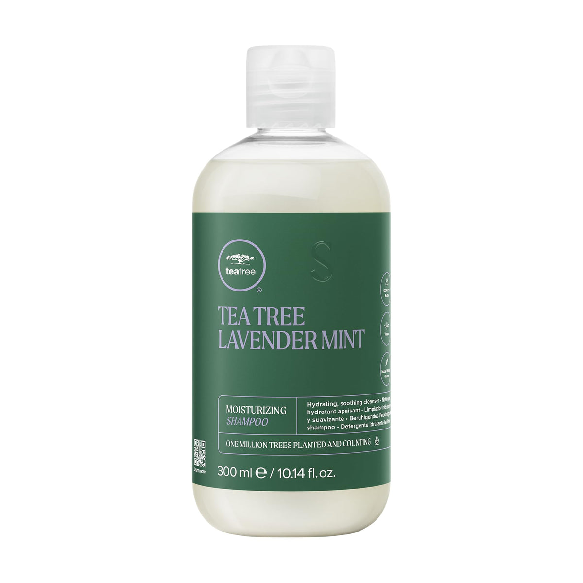 Tea Tree Lavender Mint Moisturizing Shampoo bottle shows hydrating formula for dry hair.