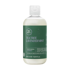 Tea Tree Lavender Mint Moisturizing Shampoo bottle shows hydrating formula for dry hair.
