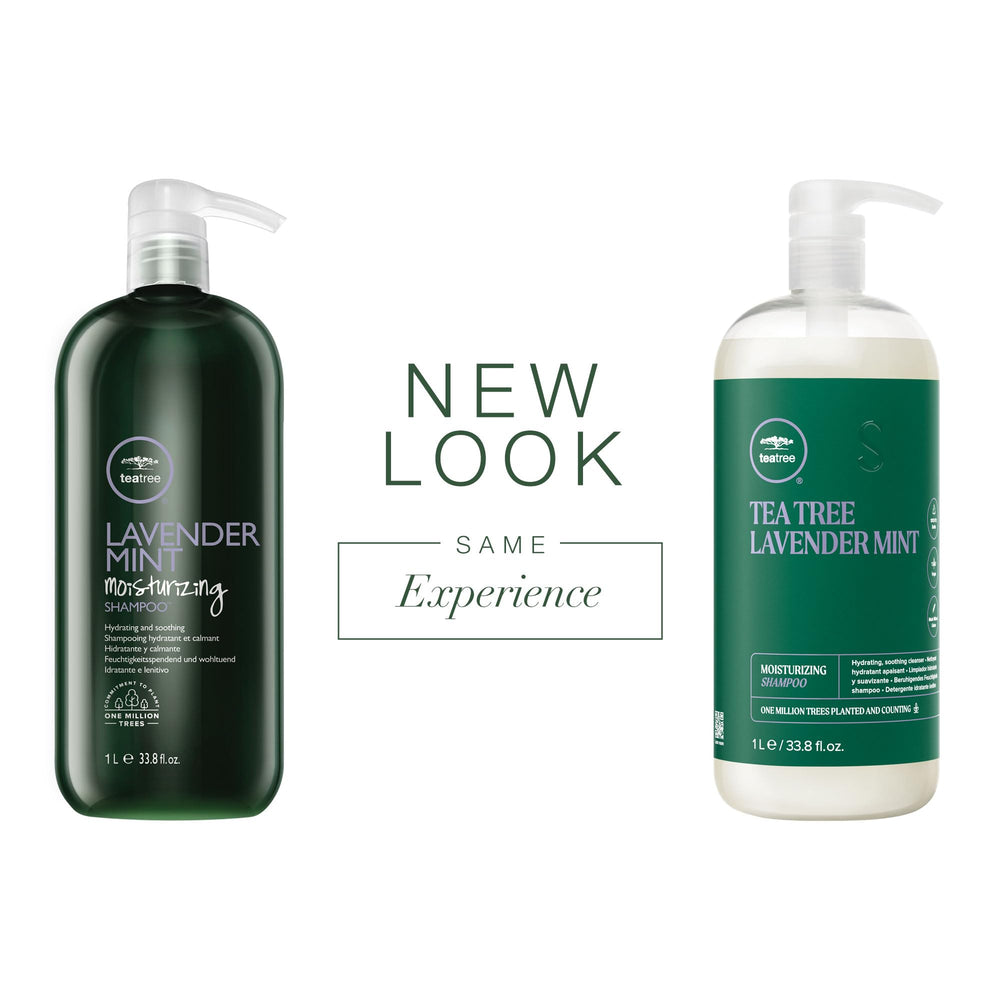 Tea Tree Lavender Mint Moisturizing Shampoo pour highlights a calming spa aroma for relaxation.