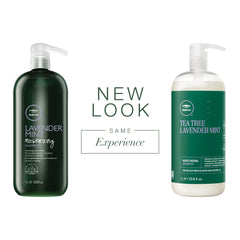 Tea Tree Lavender Mint Moisturizing Shampoo pour highlights a calming spa aroma for relaxation.