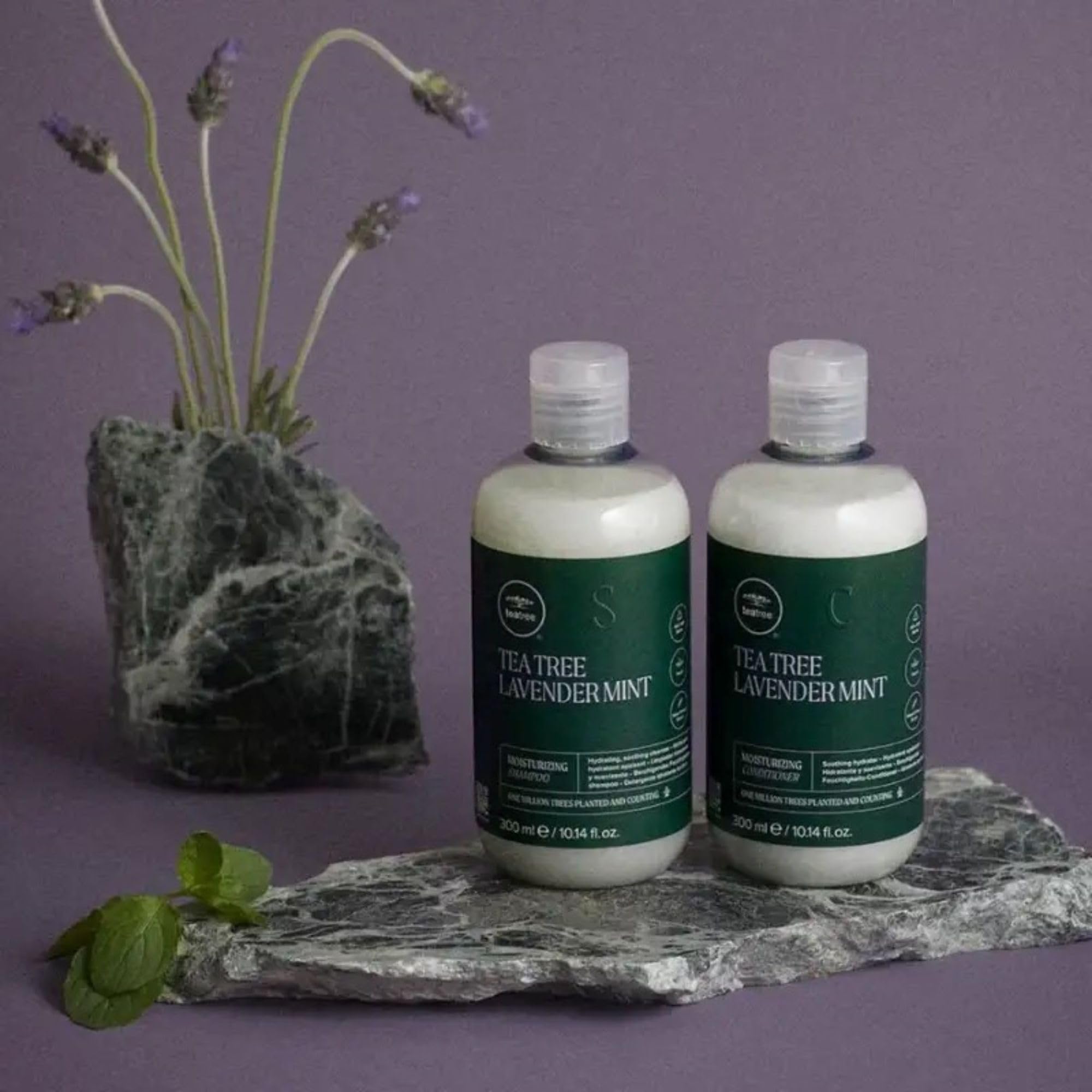 Tea Tree Lavender Mint Moisturizing Shampoo spa-scene features aromatherapy-inspired setting.