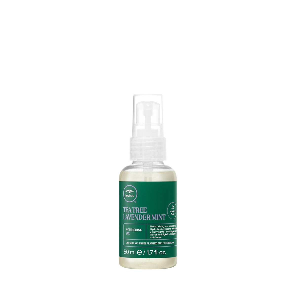 Tea Tree Lavender Mint Nourishing Oil bottle closeup showing soothing aroma and nourishing oils.